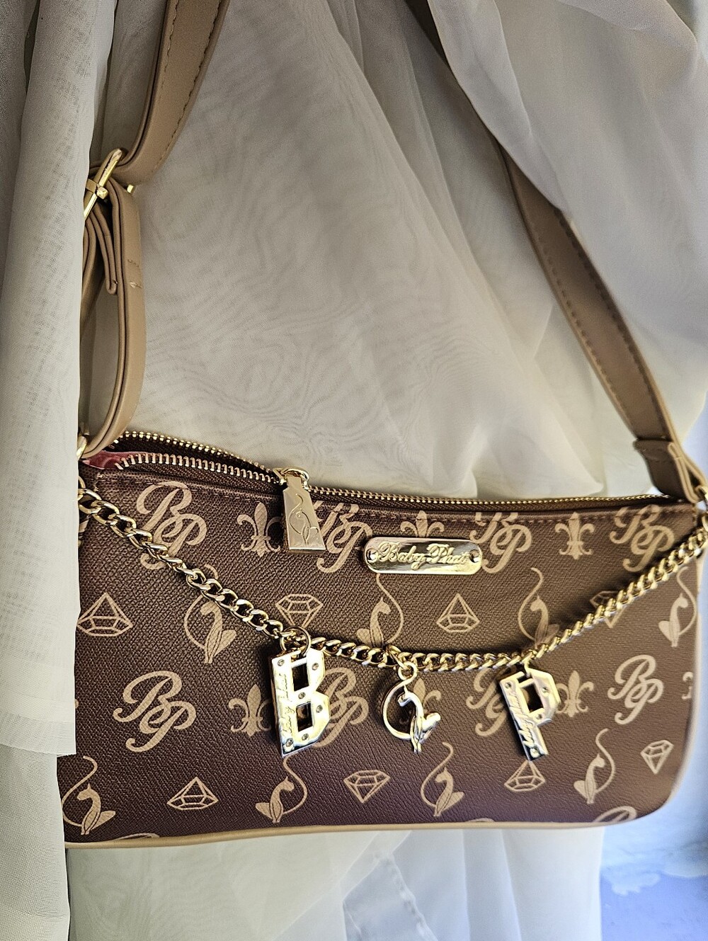 Baby Phat Brown Logo Chain Charm Shoulder Bag